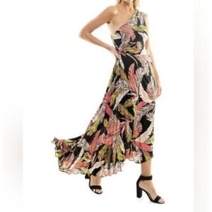 NWT Nicole Miller Sz 16 Leaf Print Pleated Asymmetrical One Shoulder Maxi Dress